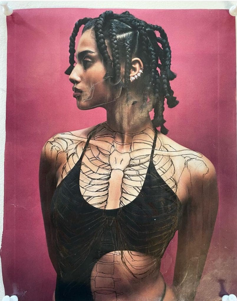 painting of a girl with a skeleton drawing overlaid on top of her chest